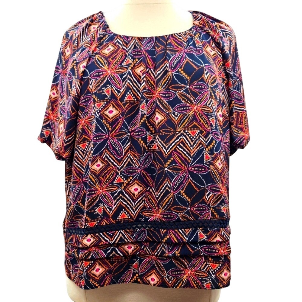 Zac & Rachel Womens XL Navy‎ Orange Geometric Floral Crochet Lace Tiered Blouse